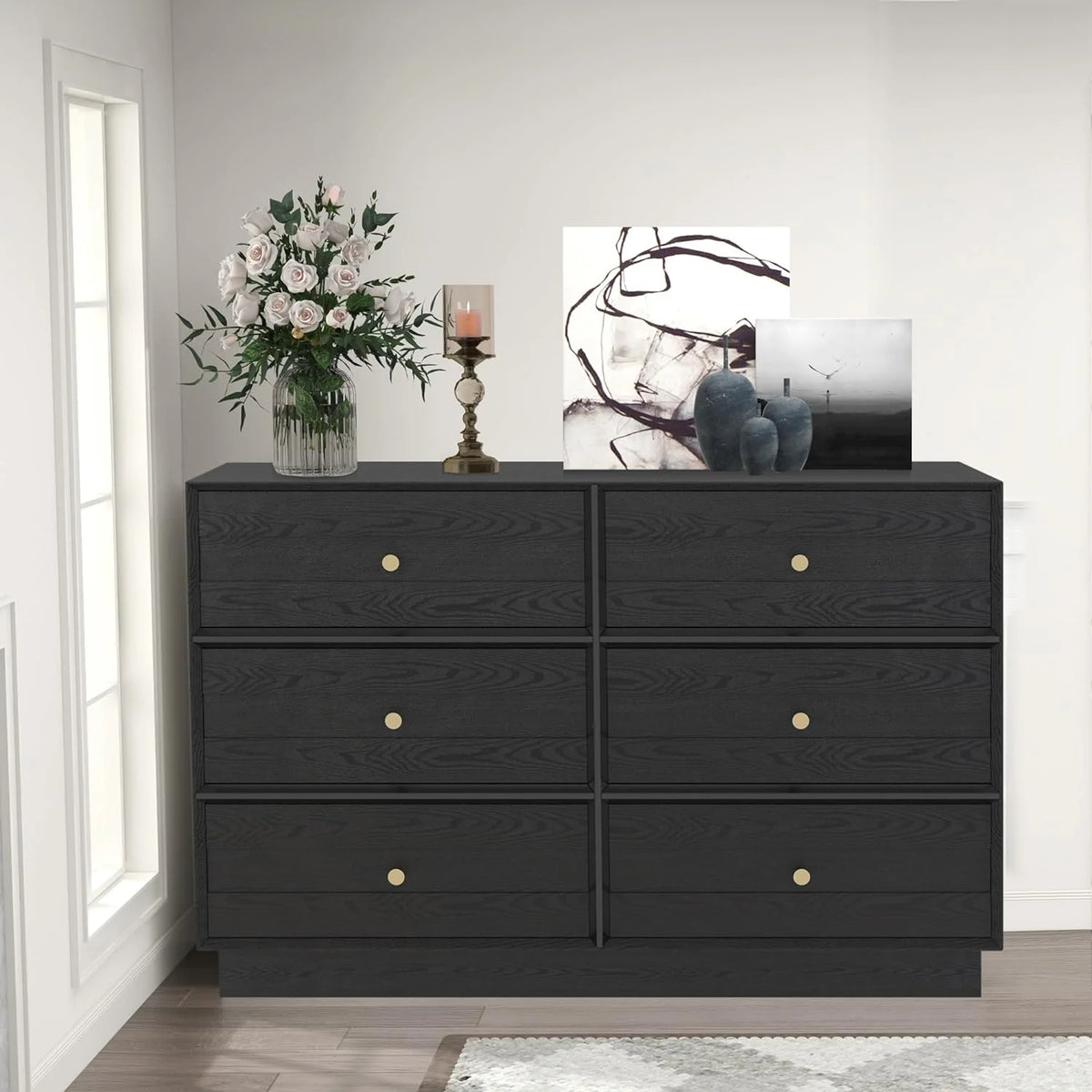 Heynemo Beige 6 Drawer Dresser, Fluted Modern Wood Chest