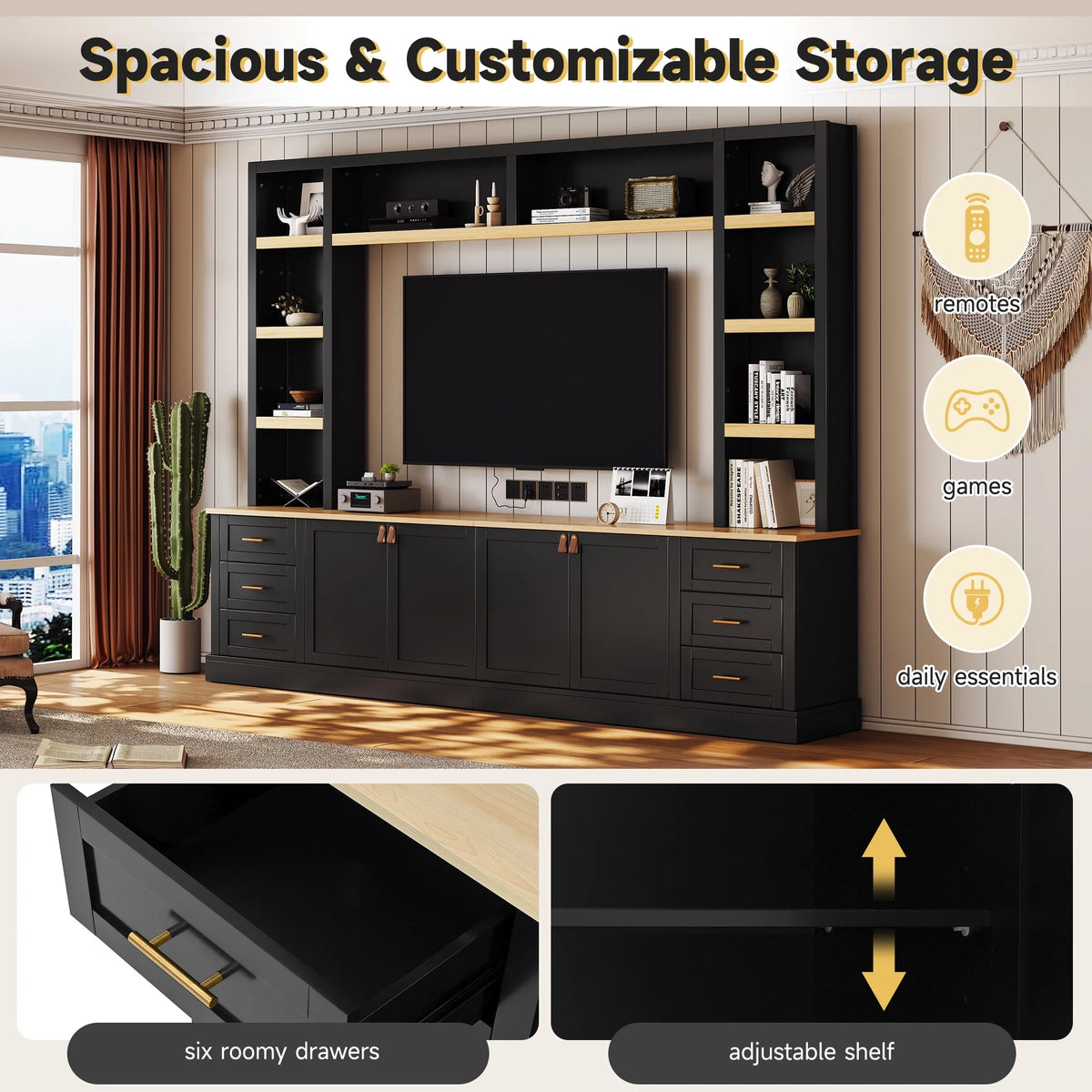 Euroco 102.3"W Farmhouse 4-Piece Entertainment Center Wall Unit with Adjustable Shelf, Modern Large TV Stand with Bookshelves