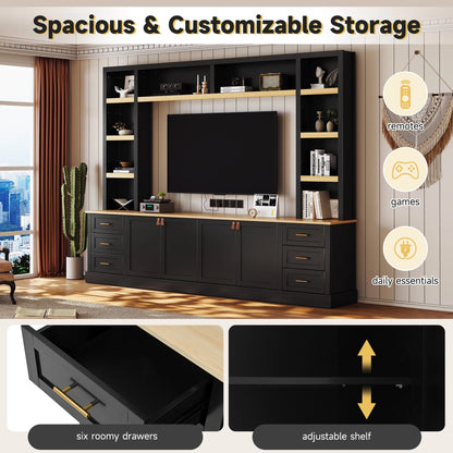 Euroco 102.3"W Farmhouse 4-Piece Entertainment Center Wall Unit with Adjustable Shelf, Modern Large TV Stand with Bookshelves