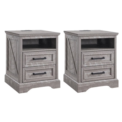 ACCOHOHO Nightstands Set of 2 with Charging Station, Rustic End Table with 2 Drawers Farmhouse Side Table with 3-tier Storage for Bedroom Living Room, White