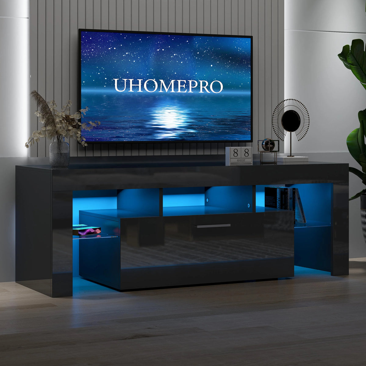 UHOMEPRO TV Stand for TV up to 70", Living Room Entertainment Center with RGB LED Lights and Storage Shelves Furniture, White High Gloss TV Cabinet Console Table