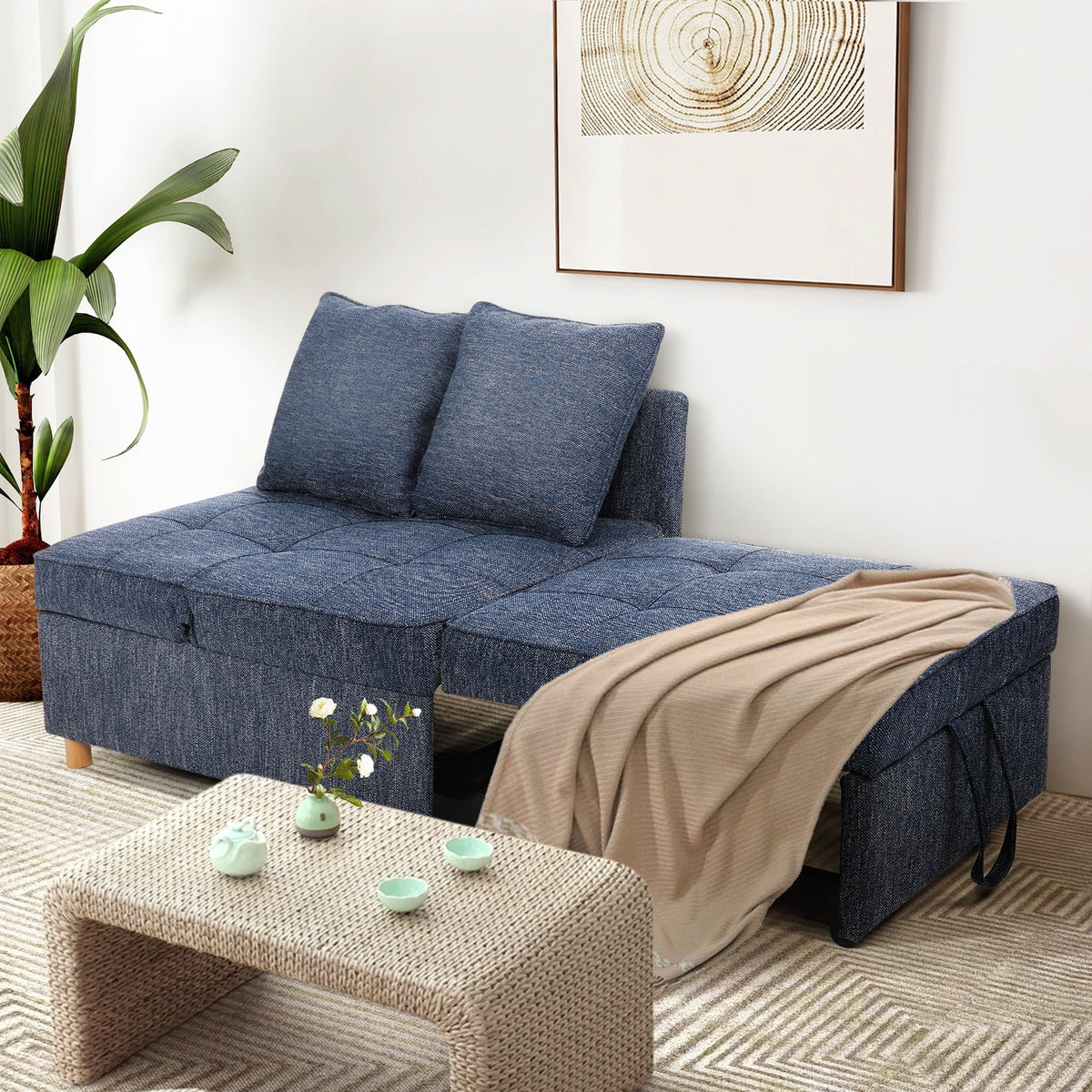 SEJOV 4-in-1 Convertible Sleeper Chair Bed, Linen Sofa Bed for Small Space, Futon Sofa with 2 Throw Pillows for Living Room, Single Recliner with 5 Adjustable Backrest for Bedroom Apartment, Brown
