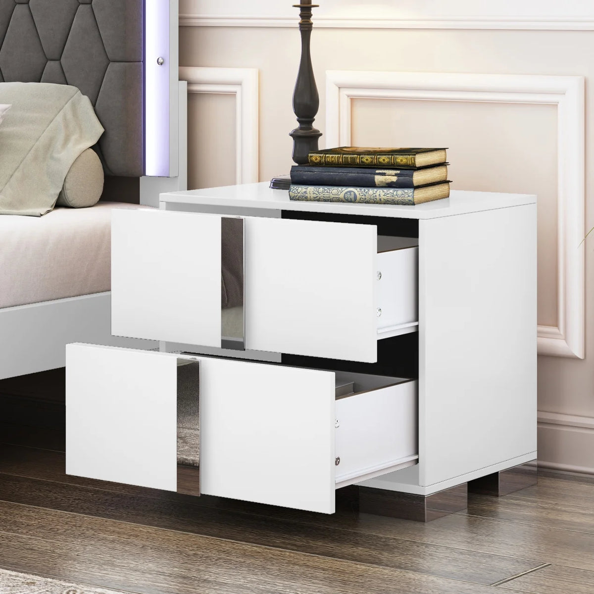 Elegant Nightstand with Metal Handle, Mirrored Bedside Table with 2 Drawers for Bedroom, Living Room, End Sofa Side Table for Living Room, Office, White