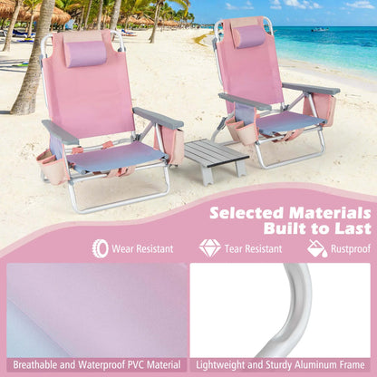 Costway 2-Pack Folding Backpack Beach Chair Table Set 5-Position Outdoor Reclining Chair Pink