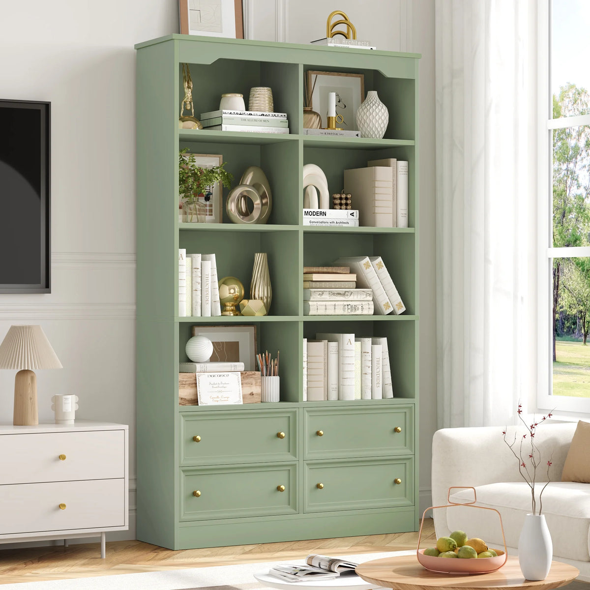 Homfa Double Row 6 Tier Bookcases, 71 in Tall Bookcase Bookshelf with 4 Drawers and 8 Display Cubicles, for Home Office Living Room, White