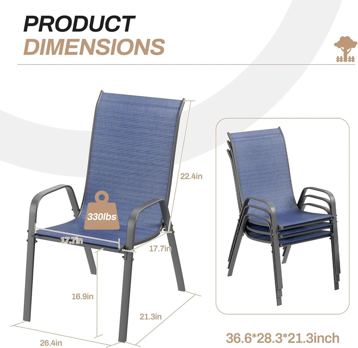 Pirecart Set of 4 Patio Dining Chairs, Textilene Outdoor Stacking Chairs for Poolside, Backyard, Garden
