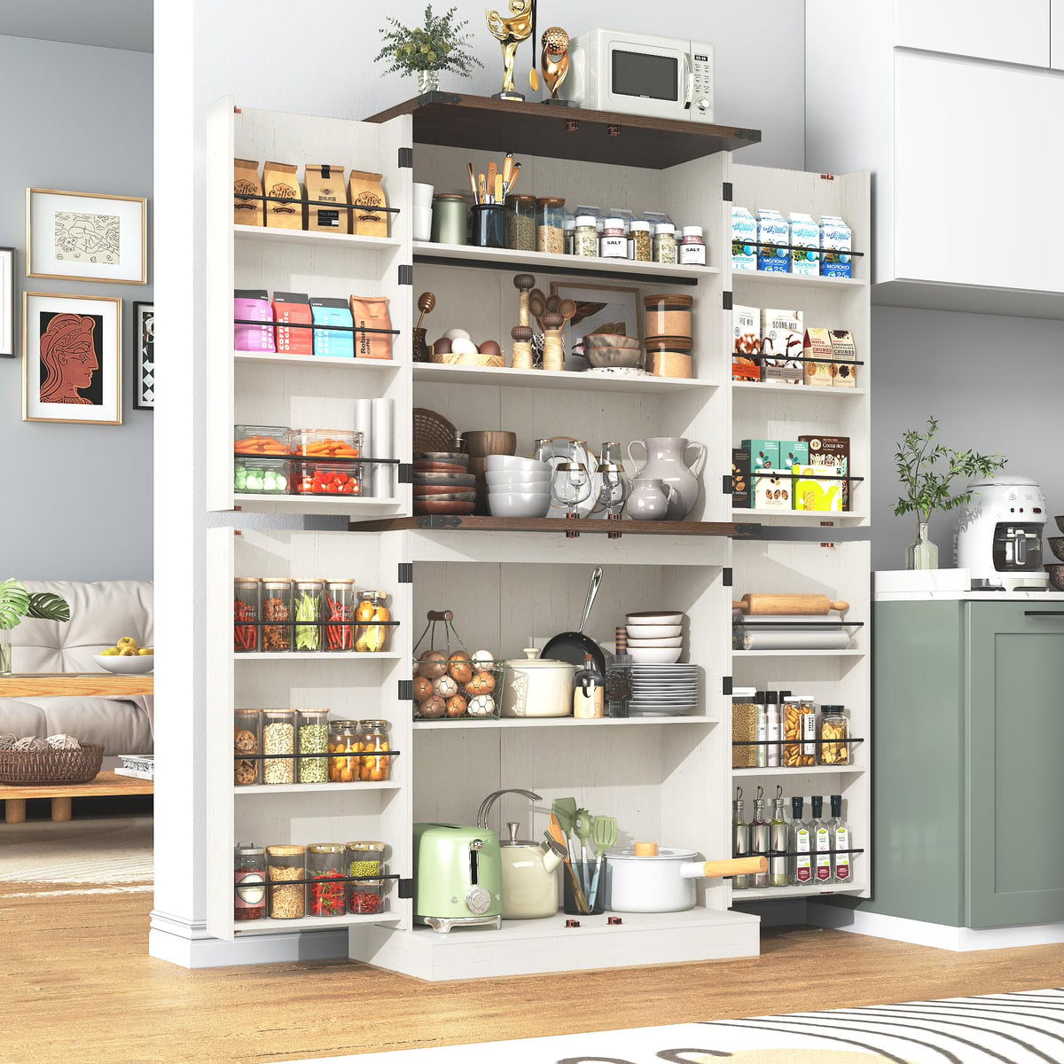 71" Tall Farmhouse Kitchen Pantry with 12 Side Shelves & Adjustable Shelves, 5 Layers Pantry Storage Cabinet w/Load-Bearing Steel Pipe & 4 Barn Doors for Kitchen, Dining Room, Living Room, Brown