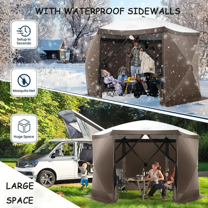 COBIZI 12x12 Pop Up Canopy Gazebo, Outdoor Canopy Tent Screen House with 5 sidewalls and Netting for Camping, Waterproof, UV Resistant, Ez Set-up Party Tent with Carrying Bag and Ground Stakes,Brown