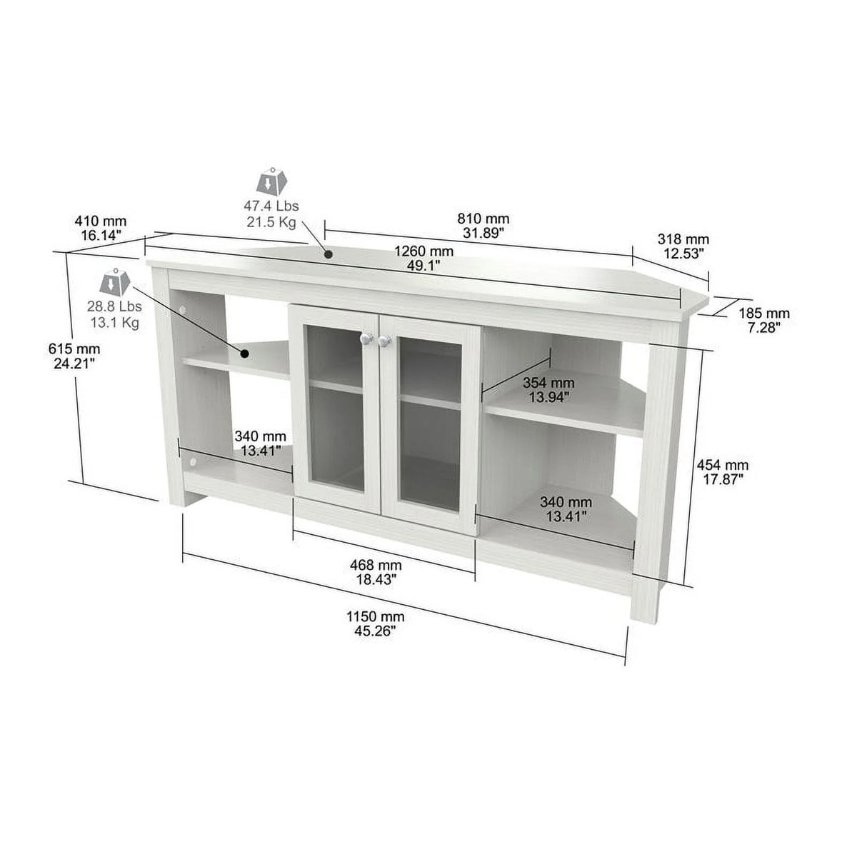 Inval Corner Laminate 60�� TV Stand with Glass Doors, White