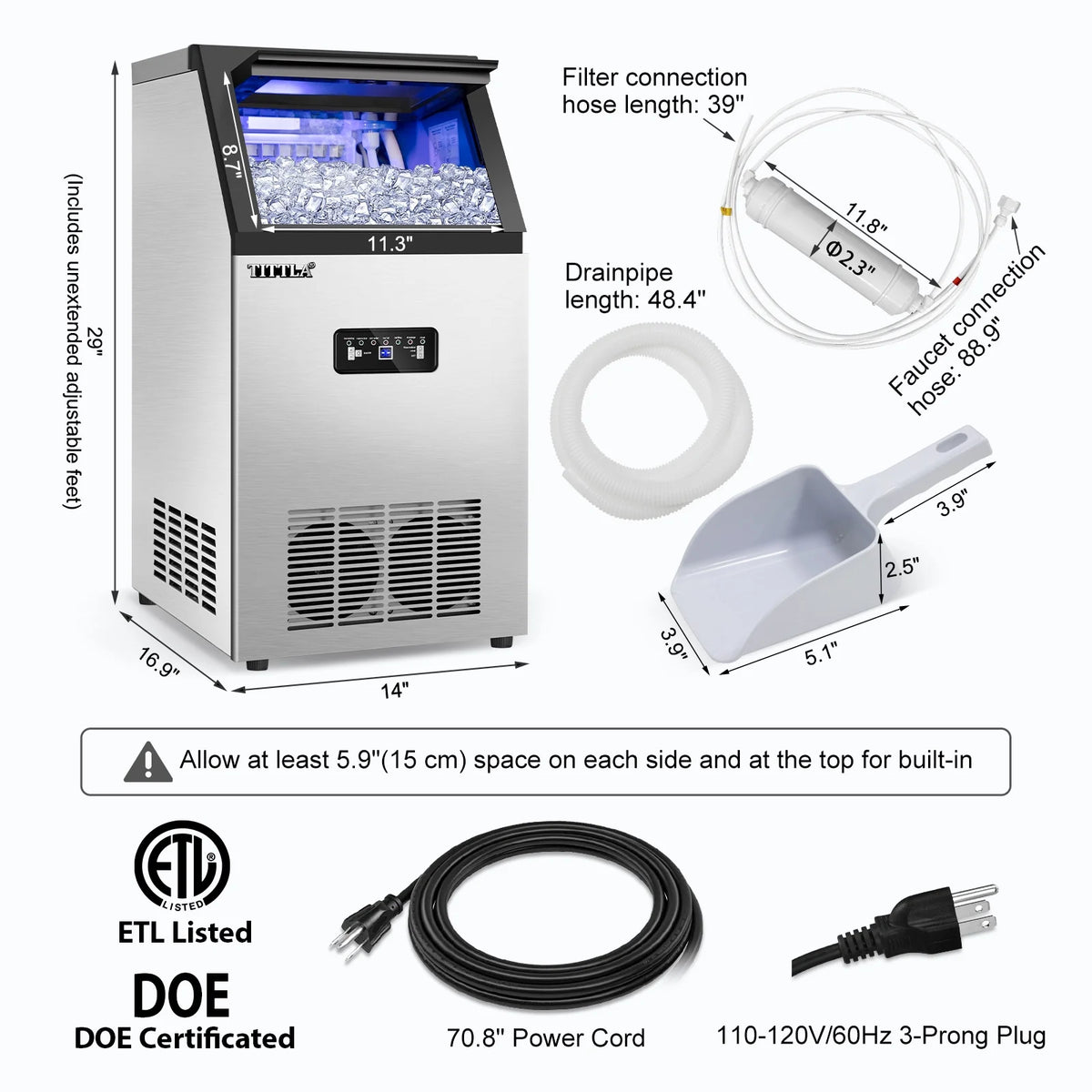 TITTLA 100Lbs/24H Commercial Ice Maker Machine,24 Lbs Storage,45 Ice Cubes in 12-15 Mins,Stainless Steel Ice Maker for Home Bar Cafe