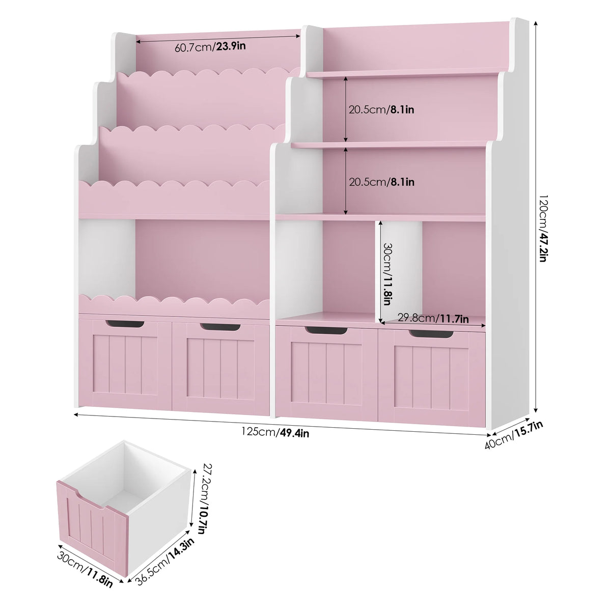 Hiphuta 47"Wide Large Kids Bookcase, Wood Bookshelf Toy Storage Organizer with Book Rack & Movable Boxes, White Bookshelf for Kids Room