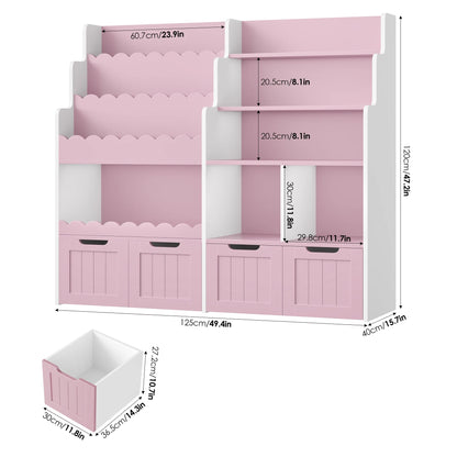 Hiphuta 47"Wide Large Kids Bookcase, Wood Bookshelf Toy Storage Organizer with Book Rack & Movable Boxes, White Bookshelf for Kids Room