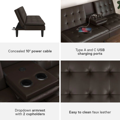 Mainstays Memory Foam 71.5" Futon with Cupholder and USB, Black Faux Leather
