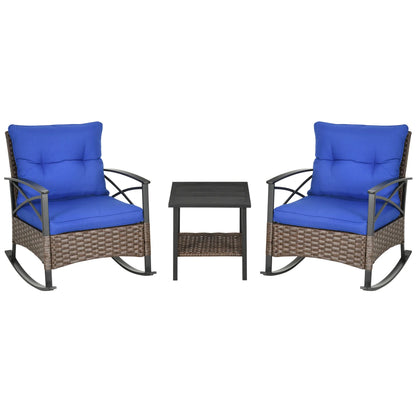 Outsunny 3pc Rocking Chair Set w/ Cushions, Wicker Bistro Set, Blue