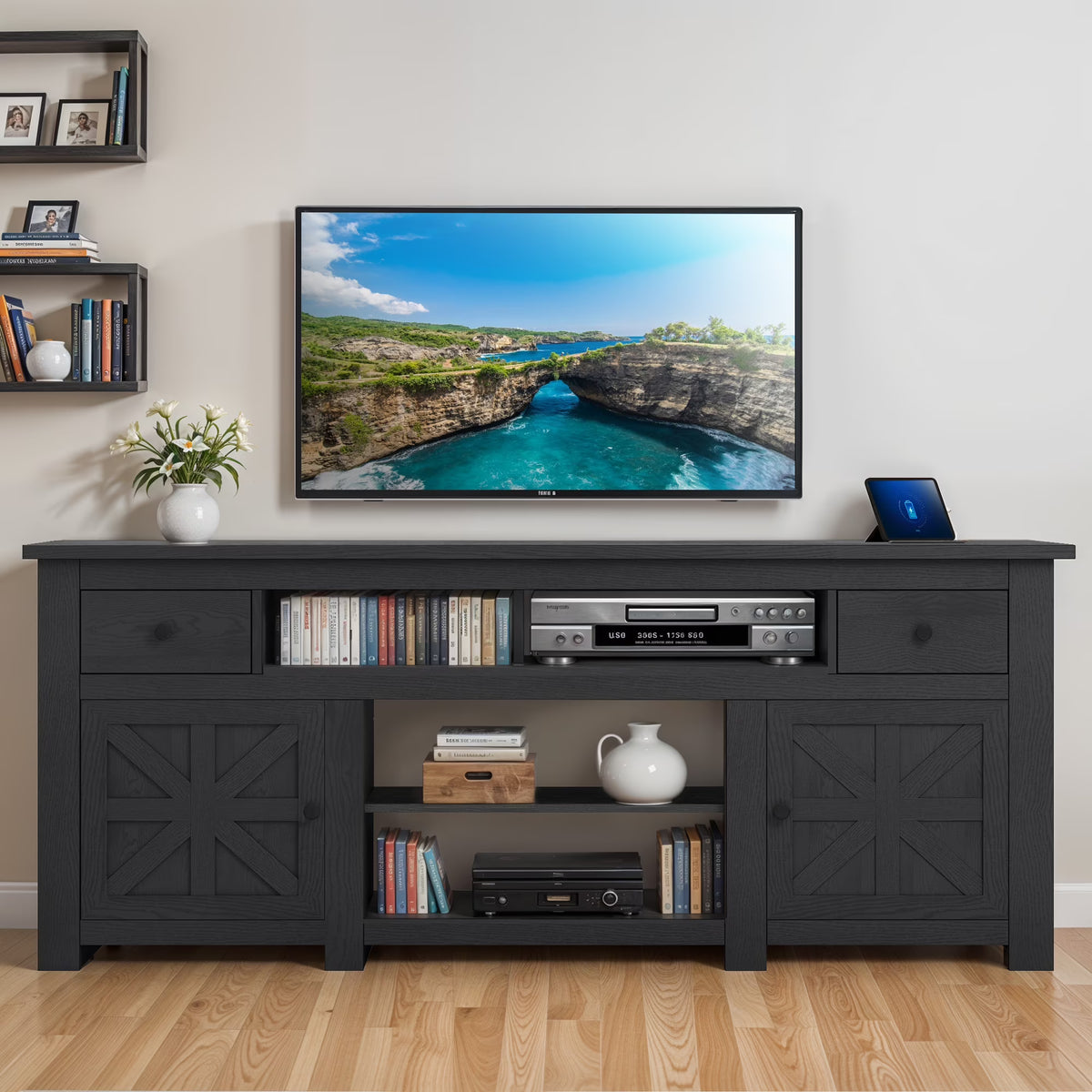 Uforic Farmhouse TV Stand for 75/80 Inch TV, Rustic Entertainment Center with Power Outlet, Storage Drawers, TV Console for Living Room, Oak