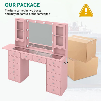 Vanity With Power Outlet, Vanity Desk With Mirror And 10 LED Lights, Makeup Vanity With 12 Drawers And 2 Cabinets, Fold-Up Panel, Glass Top Vanity Table With Chair For Bedroom