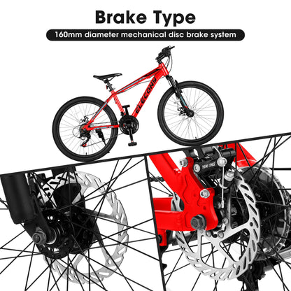24 inch Mountain Bike for Teenagers,Shimano 21 Speed Mountain Bicycle with Mechanical Disc Brakes,Red