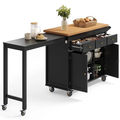 Noelse Rolling Kitchen Island with Drop Leaf Table and Hidden Trash Cabinet, Mobile Kitchen Cart with Storage Drawer, Adjustable Shelves & Rubberwood Countertop on Wheels, White