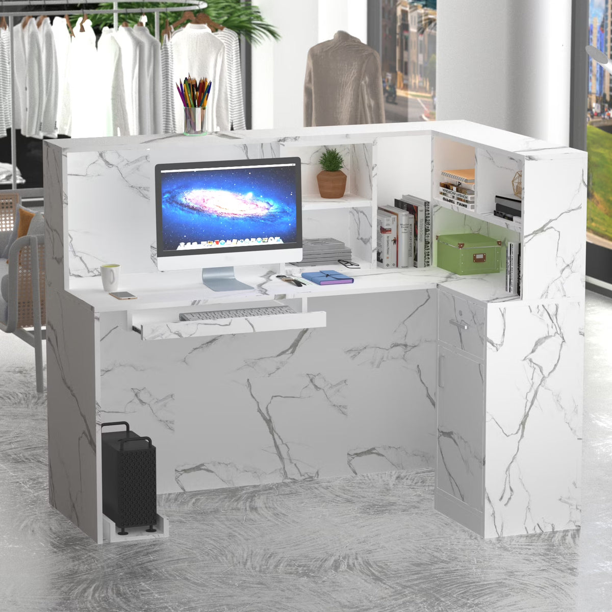 MONSLIPA L-Shape Wood Reception Desk with , Register Stand Reception Center Desk, White