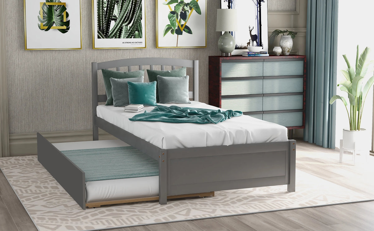 Aukfa Twin Platform Bed with Trundle - Trundle Bed with Headboard for Kids Teens - White