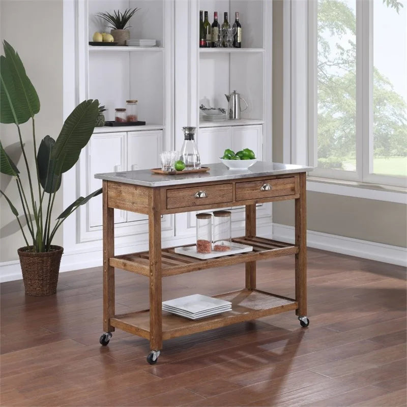 Boraam Sonoma 35.75in. H Wood Kitchen Cart with Stainless Steel Top - Barnwood Wire-Brush Finish
