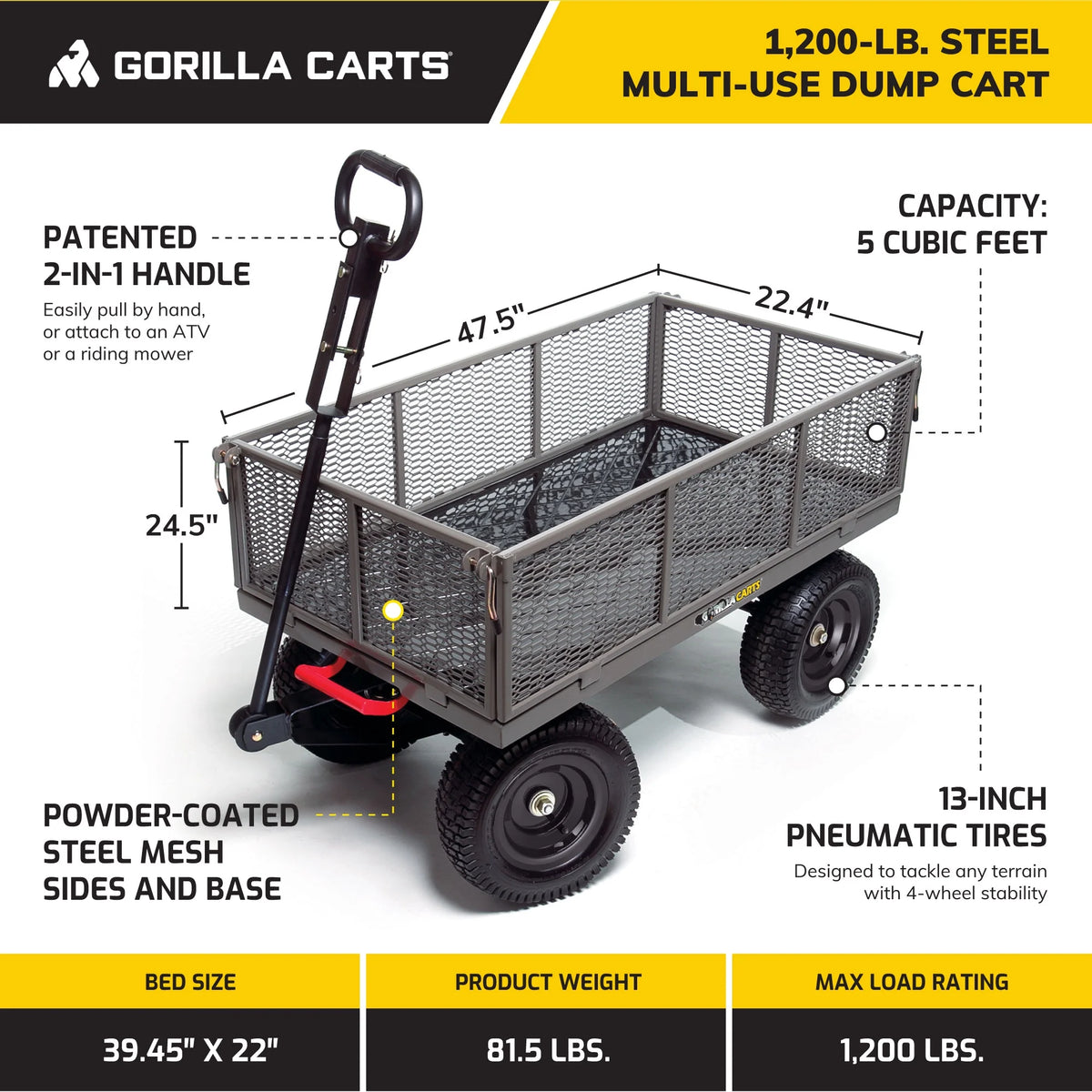 Gorilla Carts Towable Steel Dump Cart w/ Removable Side Panels, 1200 lb Capacity, Gray