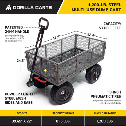Gorilla Carts Towable Steel Dump Cart w/ Removable Side Panels, 1200 lb Capacity, Gray