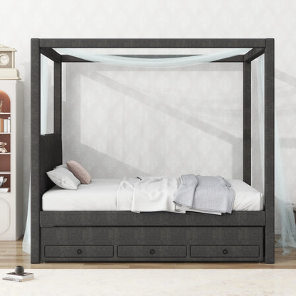 EUROCO Upholstered Full Size Canopy Bed Frame with Trundle Bed and 3 Drawers, Platform Bed with Headboard for Kids Teens Adults, Beige