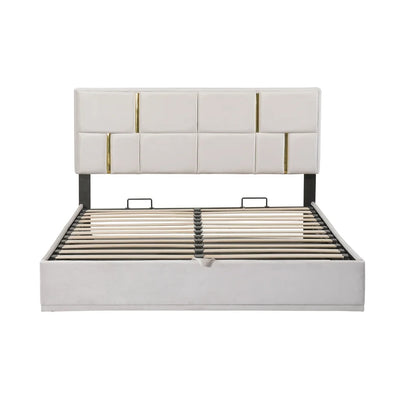 2-Pieces Bedroom Sets, Queen Size Upholstered Platform Bed with Hydraulic Storage System,Storage Ottoman with Metal Legs, 2 Piece Wood Bedroom Furniture Set, Beige