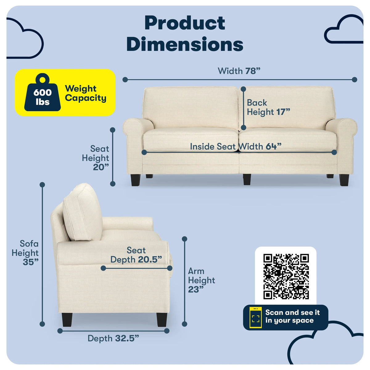 Serta Copenhagen 78" Rolled Arm Sofa with Removable Covers Dark Brown