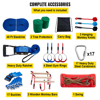 VEVOR Ninja Hanging Obstacle Course Portable 40ft. Slackline Monkey Bar Kit with 11 Swinging Obstacles.1 Climbing Rope. 4 Rings. 3 Monkey Bars - 250lb Capacity Backyard Playground Equipment Swing Set