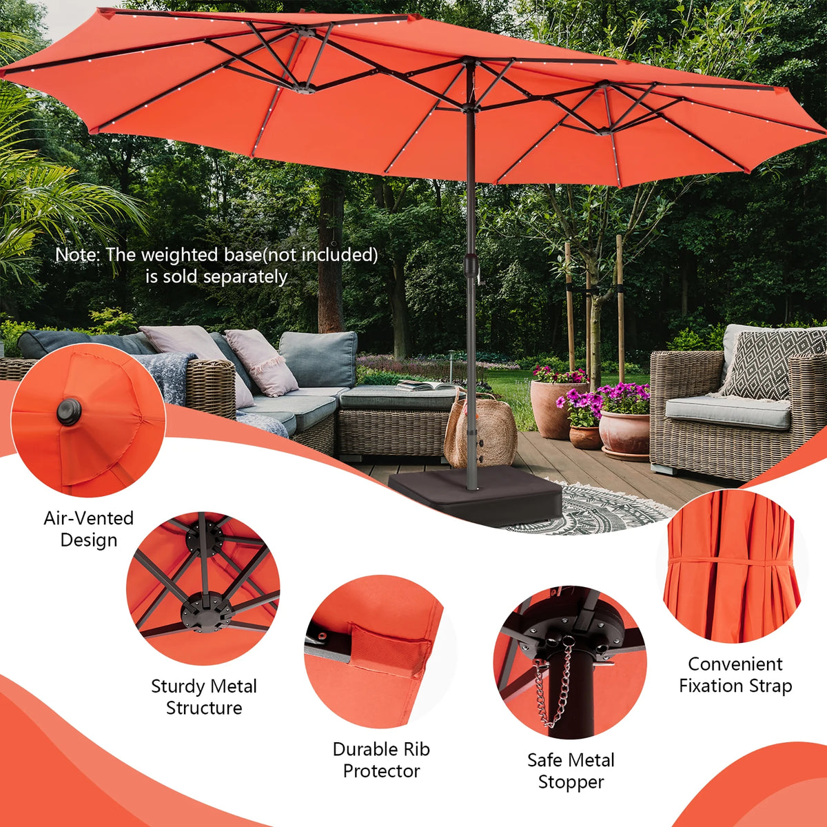 Costway 15FT Twin Patio Double-Sided Umbrella 48 Solar LED Lights Crank Outdoor Beige