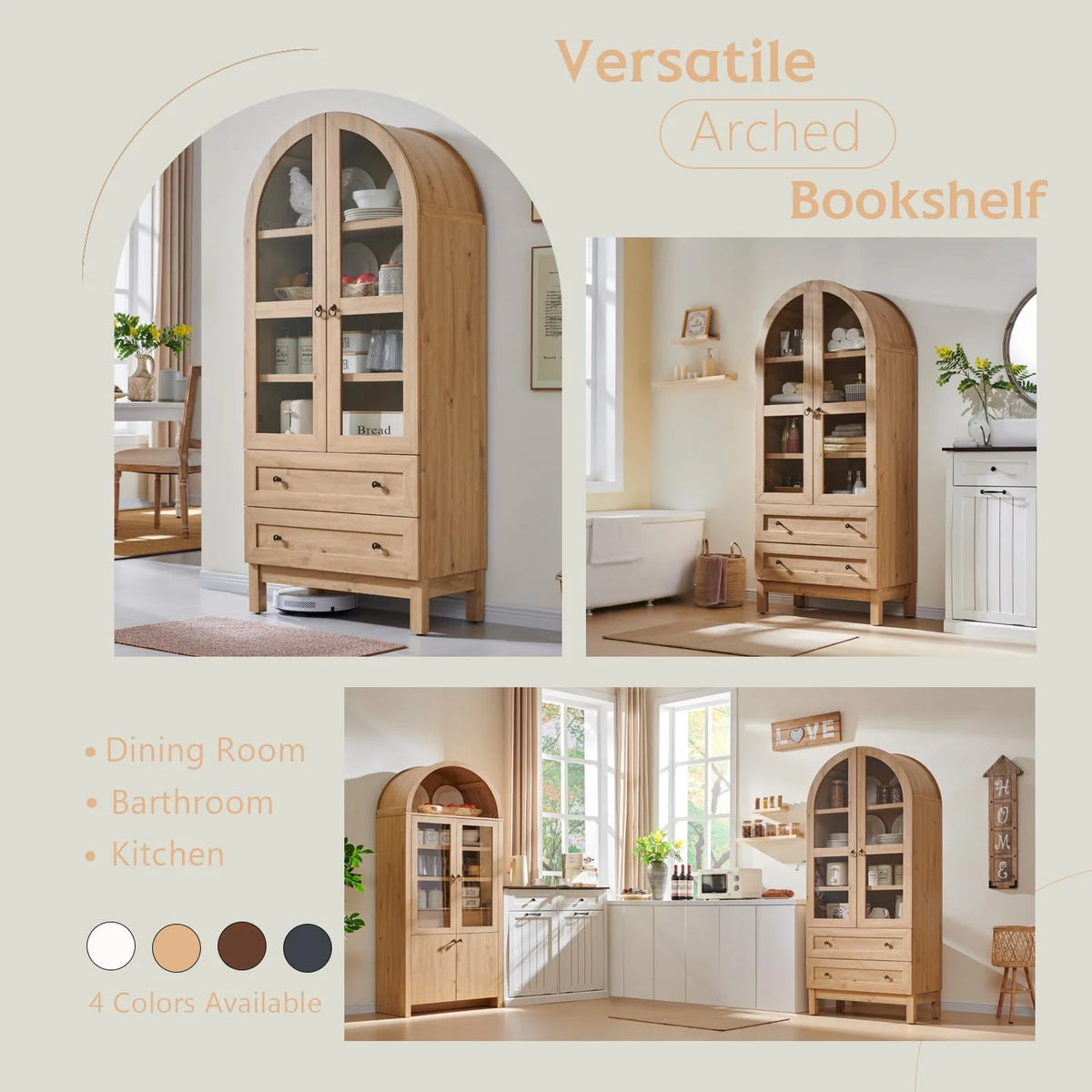 IFGET 71-Inch Arched 4-Tier Bookcase with Glass Doors and Drawers