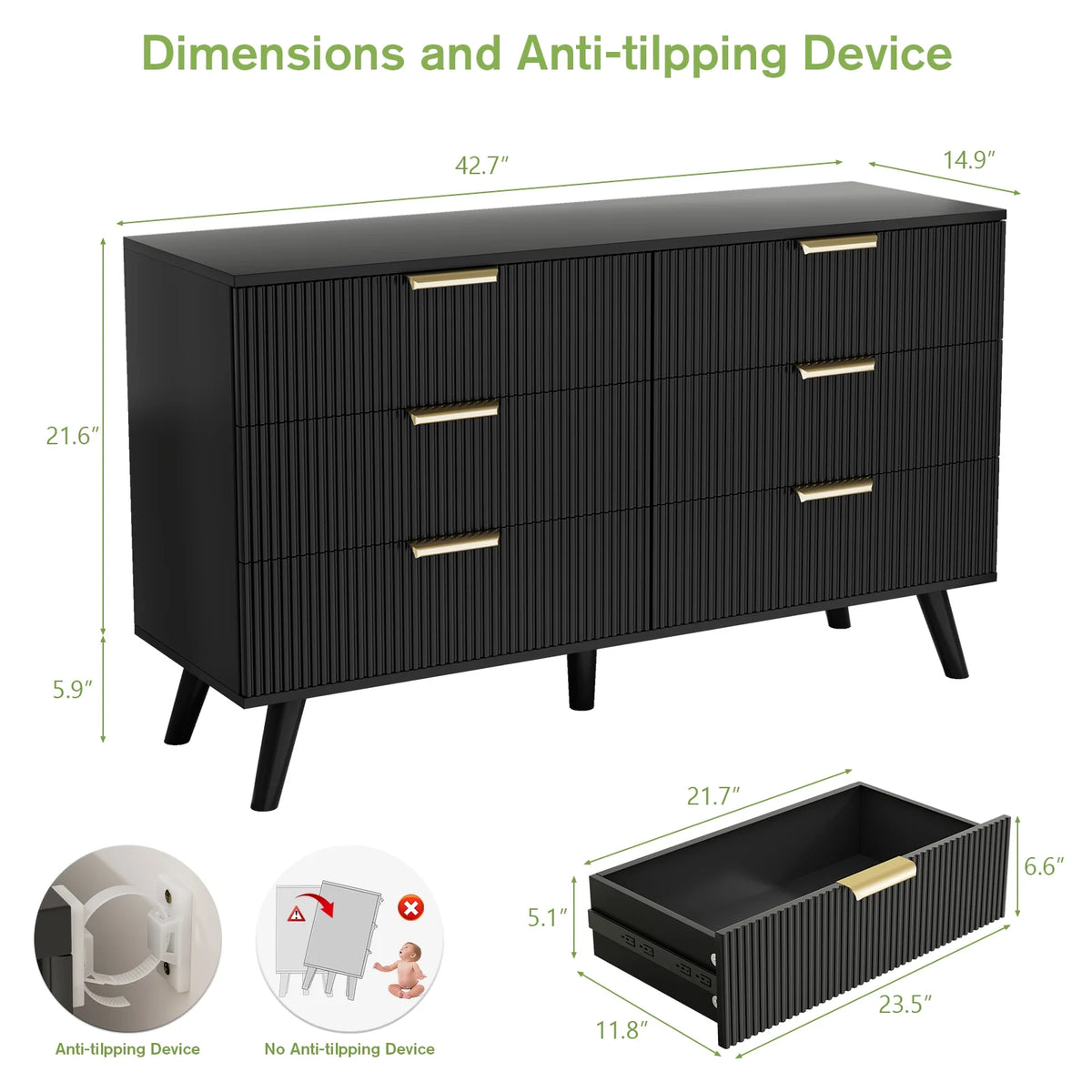 Planntonneo Boho Fluted 6 Drawer Dresser, Wooden Chests for Bedroom