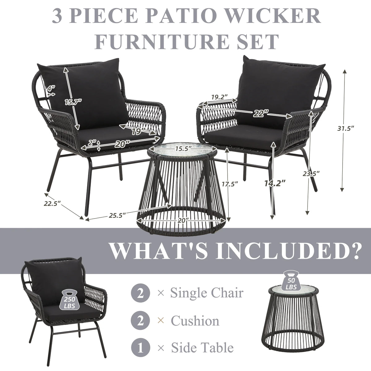 Bezseller 3-Piece Outdoor Wicker Furniture Set, Patio Conversation Set, Gray