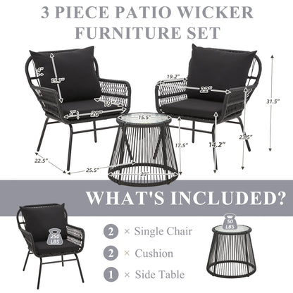 Bezseller 3-Piece Outdoor Wicker Furniture Set, Patio Conversation Set, Gray