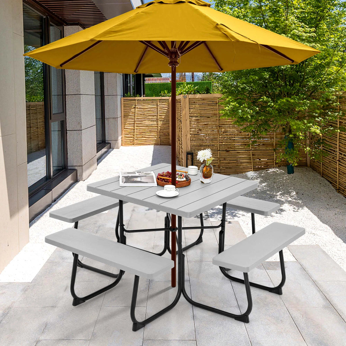 Costway Outdoor 8-person Square Picnic Table Bench Set with 4 Benches & Umbrella Hole White