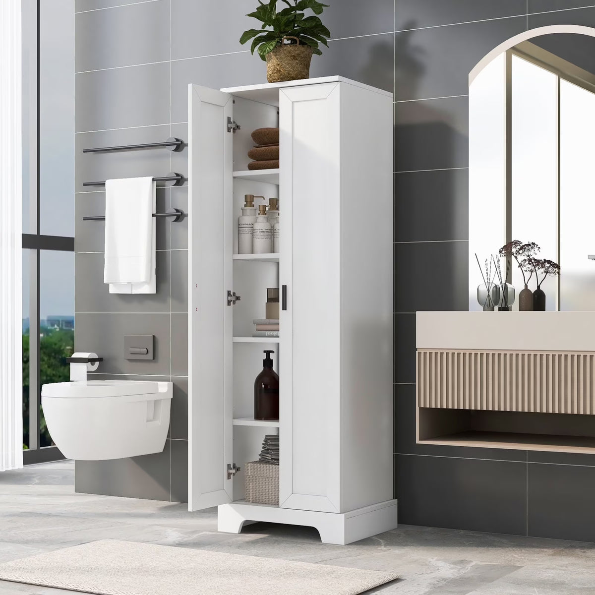 22'' Double Door Storage Cabinet with Adjustable Shelves, High Quality Bathroom Cabinet with  MDF Material, for Living room, Bathroom, Black