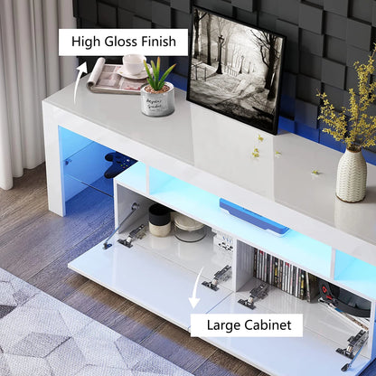 UHOMEPRO TV Stand for TV up to 70", Living Room Entertainment Center with RGB LED Lights and Storage Shelves Furniture, White High Gloss TV Cabinet Console Table