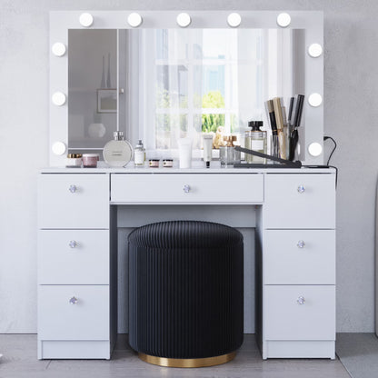 Ember Interiors Ibbie White Makeup Vanity with Glass Top, Lights, Charging Station