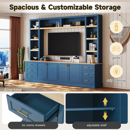Euroco 102.3"W Farmhouse 4-Piece Entertainment Center Wall Unit with Adjustable Shelf, Modern Large TV Stand with Bookshelves
