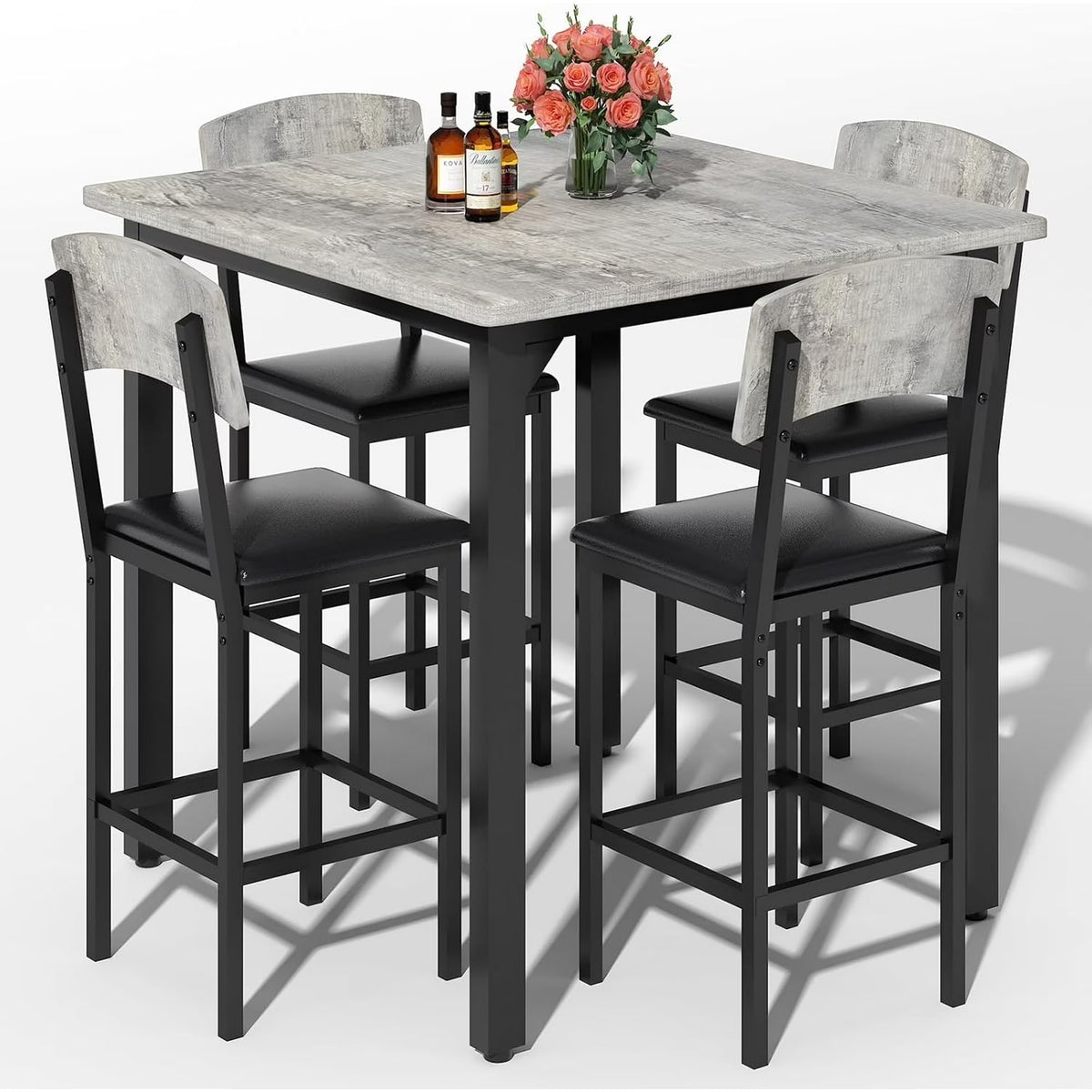 Lamerge 4 Person Dining Table Set, Solid Wood Dining Table with 4 Upholstered Leather Chairs, Modern Kitchen Dining Room Dining Table Set for Small Spaces, Apartments, Kitchens, Dining Rooms. White