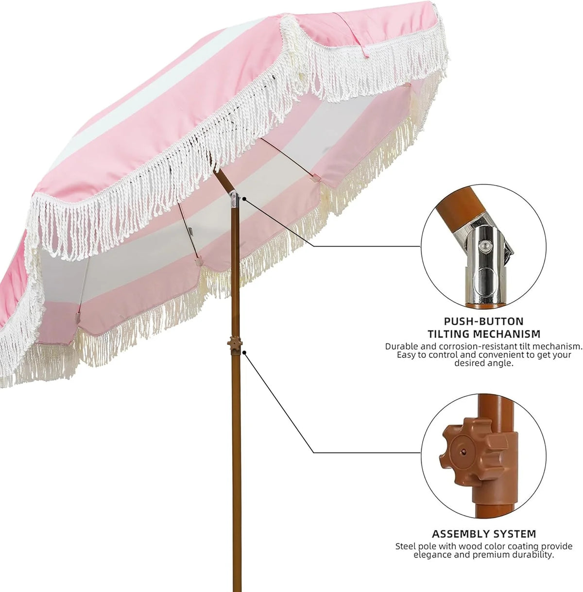 7ft Patio Umbrella with Fringe Outdoor Tassel Umbrella UPF50+ Premium Steel Pole and Ribs Push Button Tilt, Riviera Pink Stripe