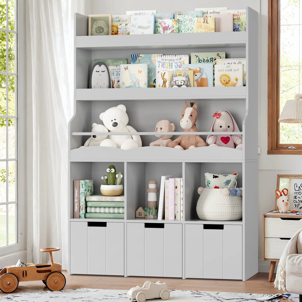 Homfa 55.5�� H Kids Bookshelf with 2-Tier Book Shelves, Children Toy Organizer with 3 Cubes and Removable Drawers, White