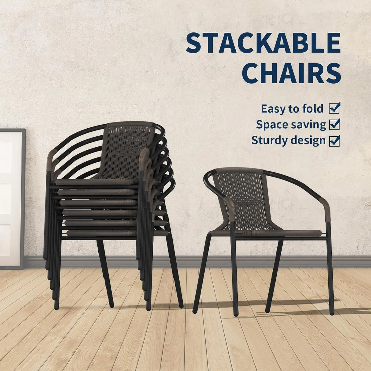 ELPOSUN Outdoor Dining Chairs Set of 6, Wicker Patio Chairs with Metal Frame, Rattan Indoor-Outdoor Chairs for Bistro, Deck, Backyard, Porch, Restaurant Stack Chair 6 Pack (Black)