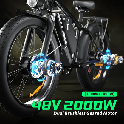 Electric Bike for Adults, 2000W 26'Fat Tire Electric Bike, 35MPH AWD Dual Motor Electric Bicycles, 48V 22.4AH Battery Fast Ebikes Dual Hydraulic Brakes UL 2849