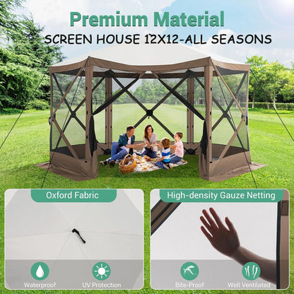 COBIZI 12x12 Pop Up Canopy Gazebo, Outdoor Canopy Tent Screen House with 5 sidewalls and Netting for Camping, Waterproof, UV Resistant, Ez Set-up Party Tent with Carrying Bag and Ground Stakes,Brown