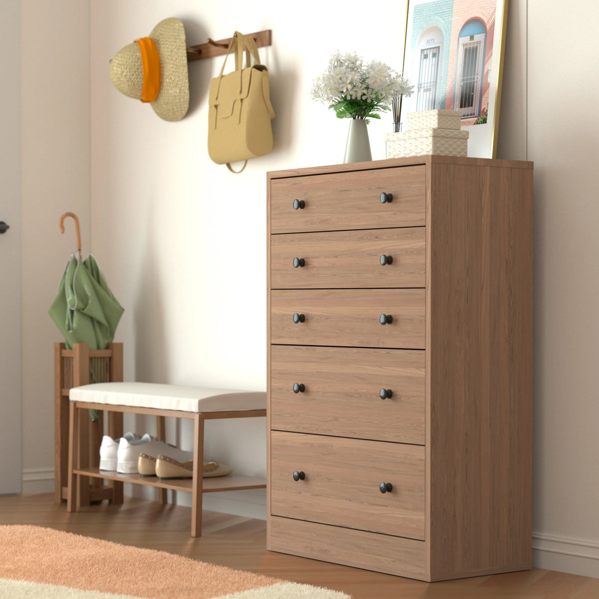 VEIKOUS Oversized 5-Drawer Dresser Chest, Large Storage Dresser for Bedroom Storage, Oak
