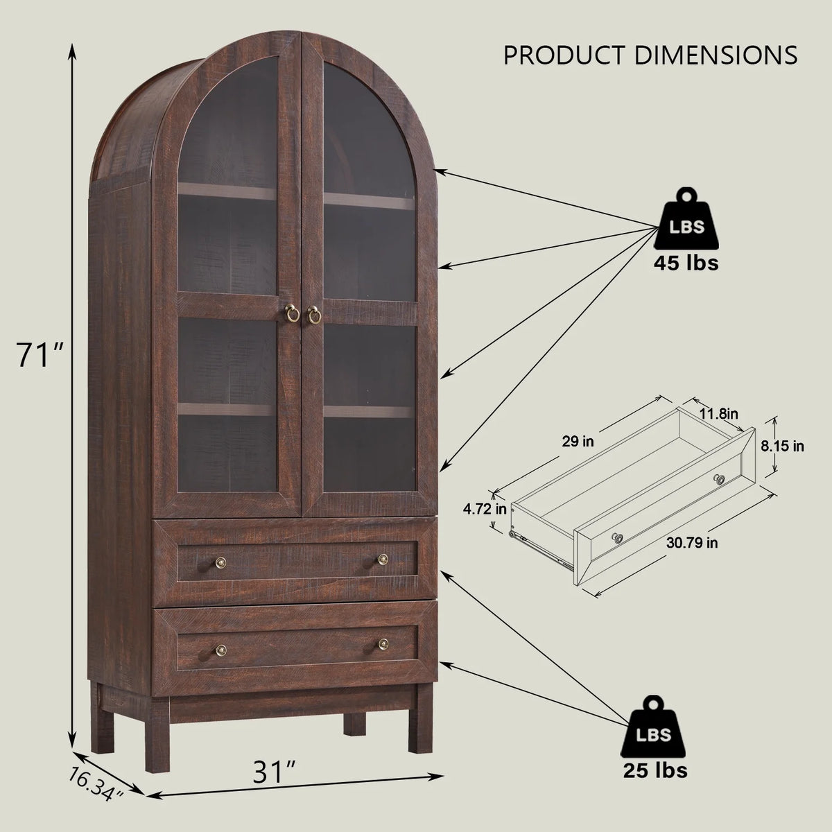SinCiDo Arched Kitchen Pantry Storage Cabinet, 71-Inch Tall Wood Adjustable Shelves, 2 Doors, 2 Drawers