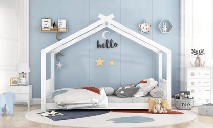 Euroco Wood House-Shaped Twin Platform Bed for Kids, Low Profile House Bed, No Box Spring Needed, Wood Color